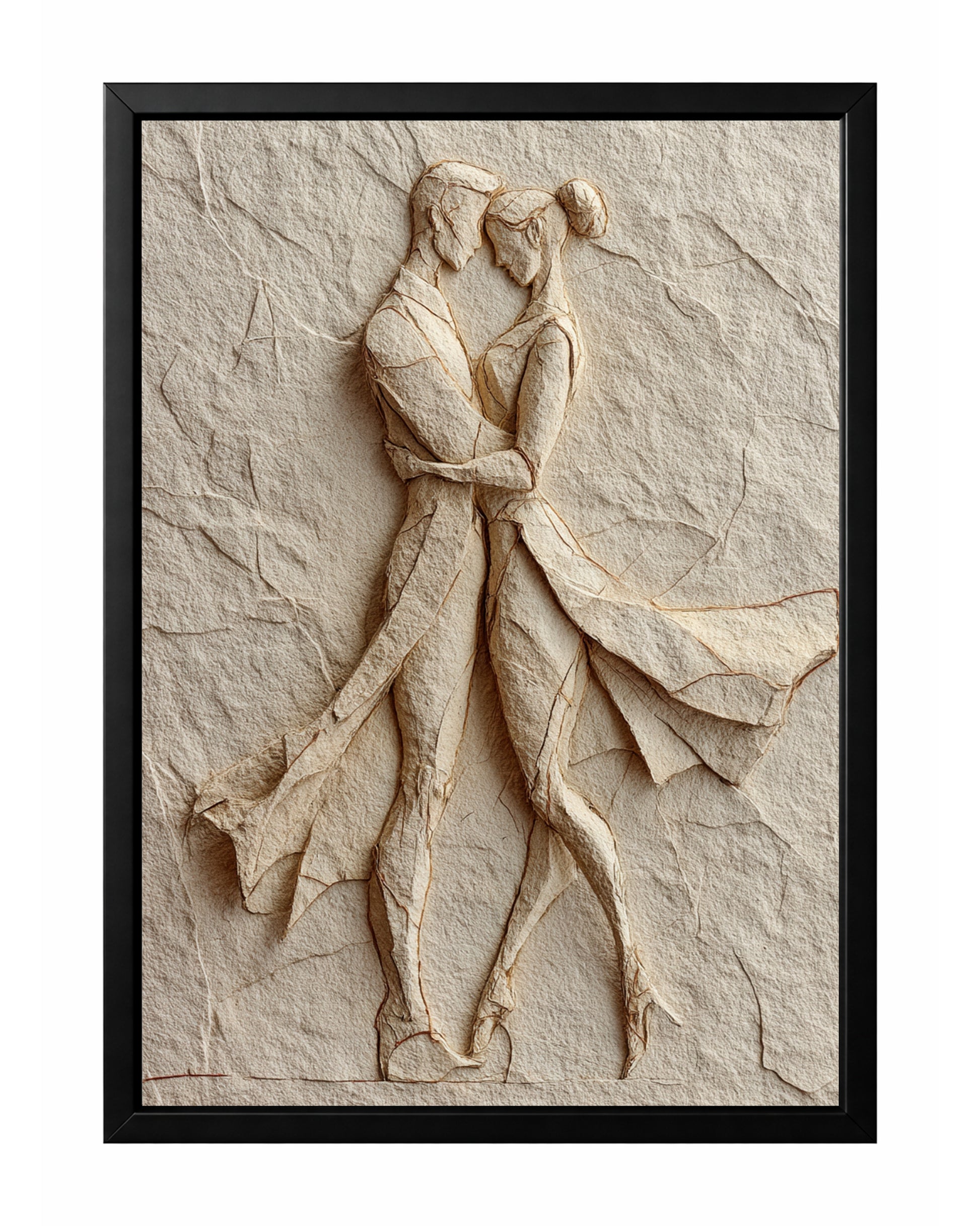 Textured couple wall art showing two figures embracing on a warm beige plaster-style background.