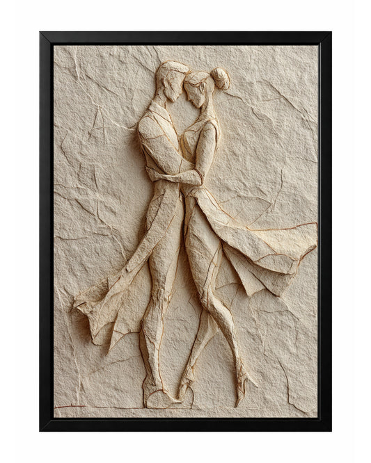 Textured couple wall art showing two figures embracing on a warm beige plaster-style background.