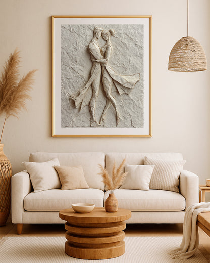 Romantic neutral artwork with a couple holding each other in sculptural textured linework.