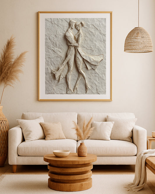 Romantic neutral artwork with a couple holding each other in sculptural textured linework.