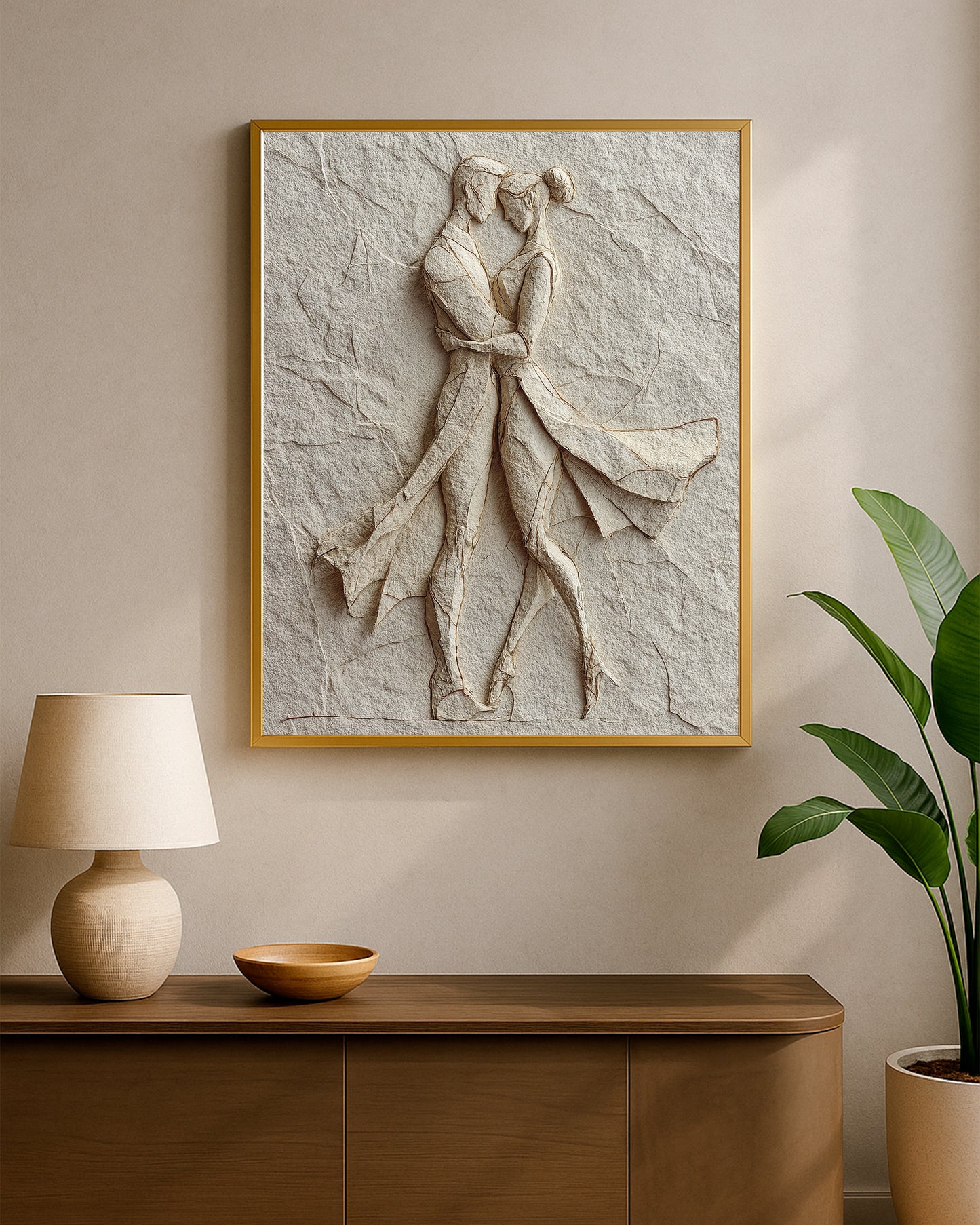 Beige couple embrace print with raised paper-like texture and soft fine art details.