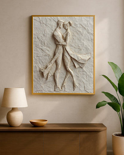 Beige couple embrace print with raised paper-like texture and soft fine art details.