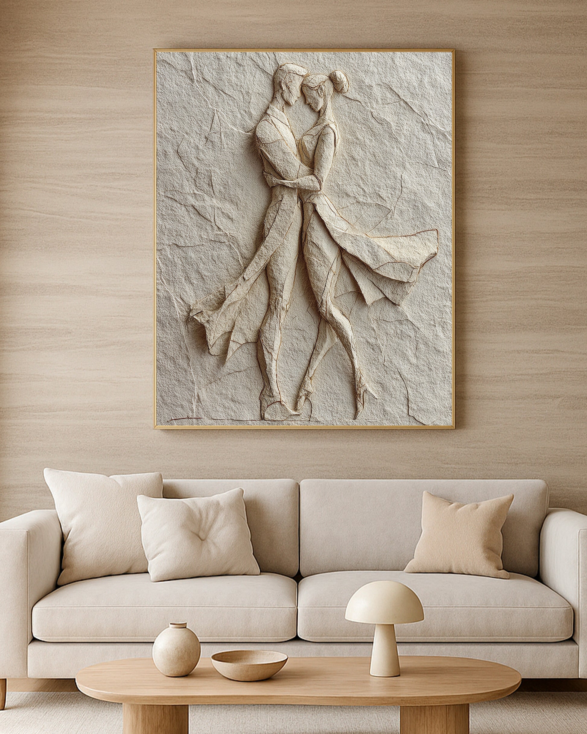 Elegant romantic wall art featuring two figures in an intimate embrace with neutral tones.