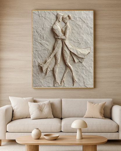 Elegant romantic wall art featuring two figures in an intimate embrace with neutral tones.