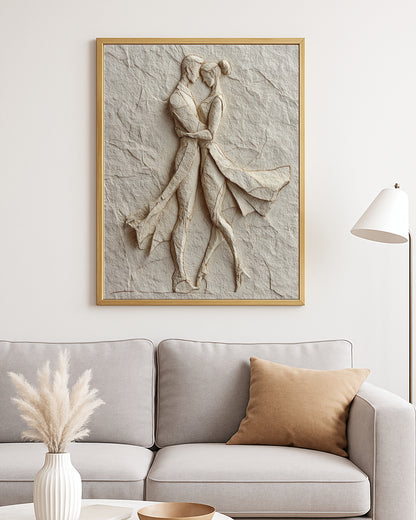 Textured love artwork showing a couple close together on a cracked plaster neutral background.