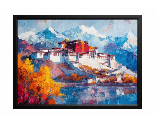 Palace mountain landscape wall art with a grand white and red building below snowy blue peaks