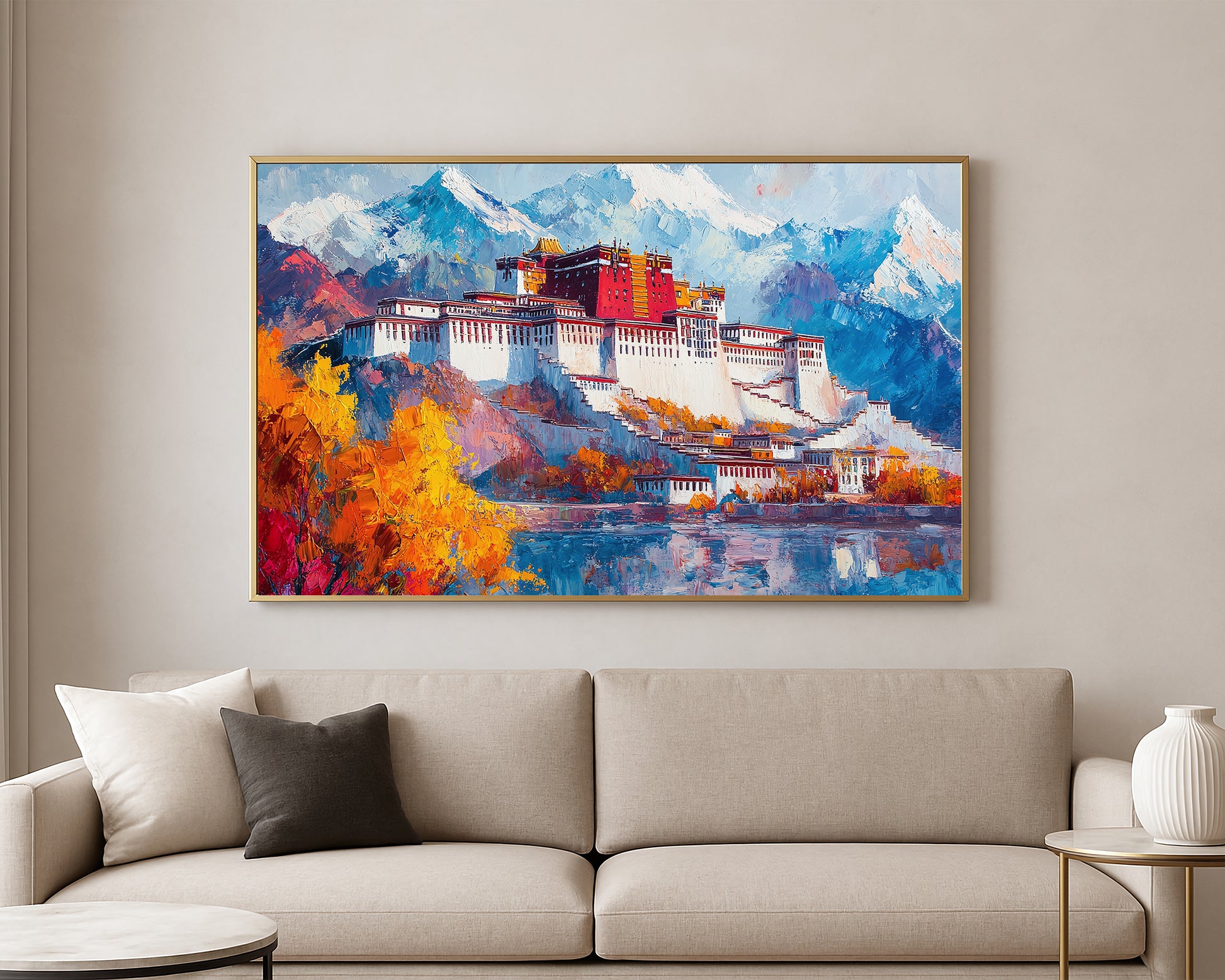 Colorful architectural landscape artwork featuring a palace, reflective water, and bright autumn foliage