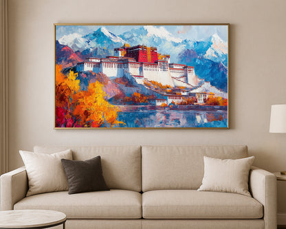Scenic wall art print of a mountain palace with vivid blue, white, orange, and gold painterly tones
