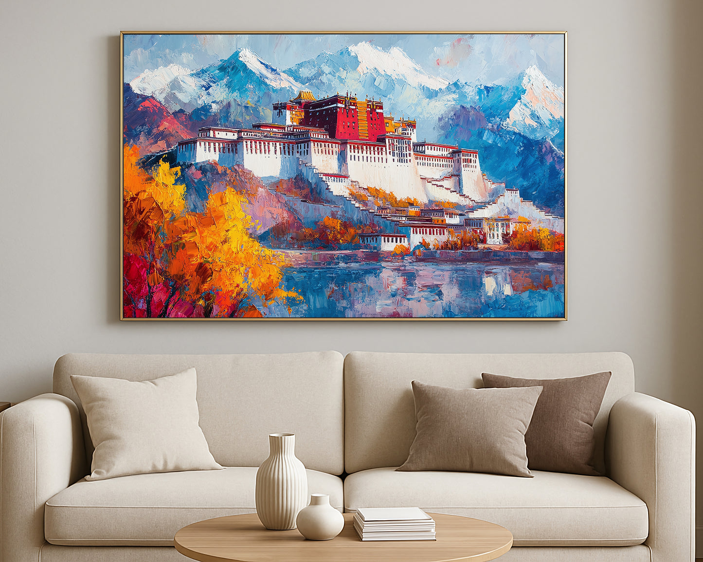 Contemporary landscape artwork showing a large palace set against snow-capped mountains and a lake