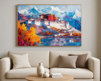 Contemporary landscape artwork showing a large palace set against snow-capped mountains and a lake