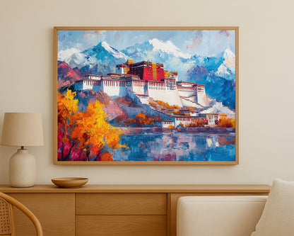 Travel-inspired wall decor with an architectural landmark, vibrant fall trees, and cool mountain scenery