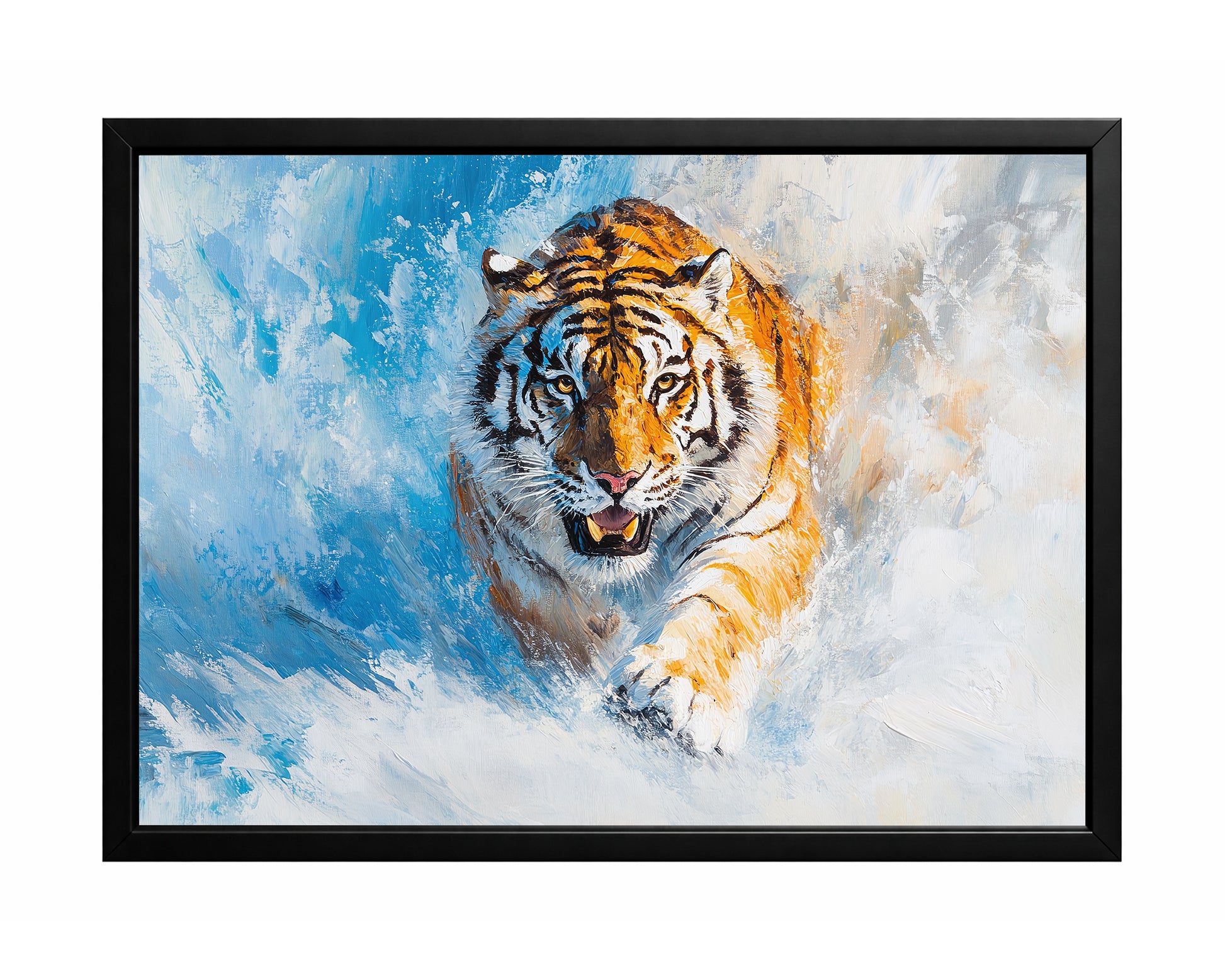 Tiger wall art with a front-facing tiger moving through snow against a blue and white painted background