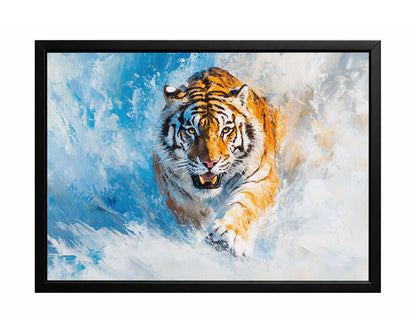Tiger wall art with a front-facing tiger moving through snow against a blue and white painted background