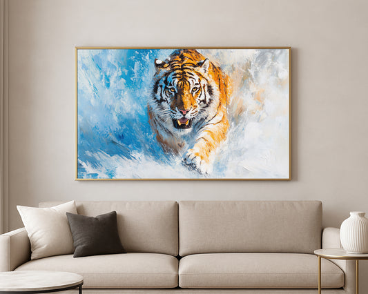 Textured wildlife artwork featuring an orange tiger with black stripes in a snowy setting