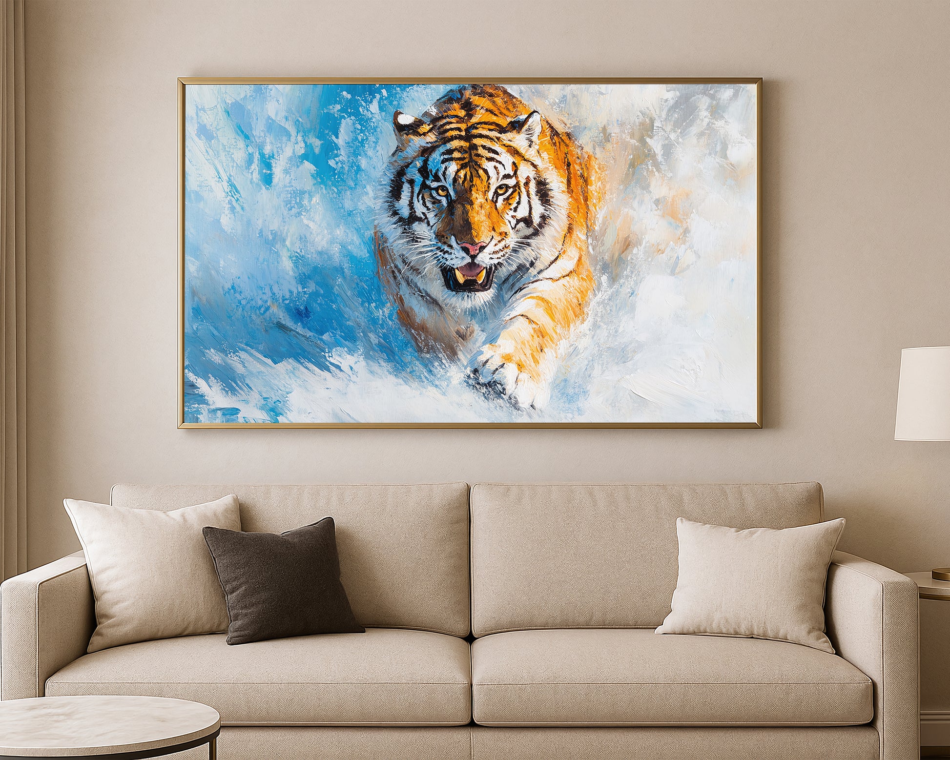 Nature wall art print of a tiger in motion with blue, white, and warm golden tones
