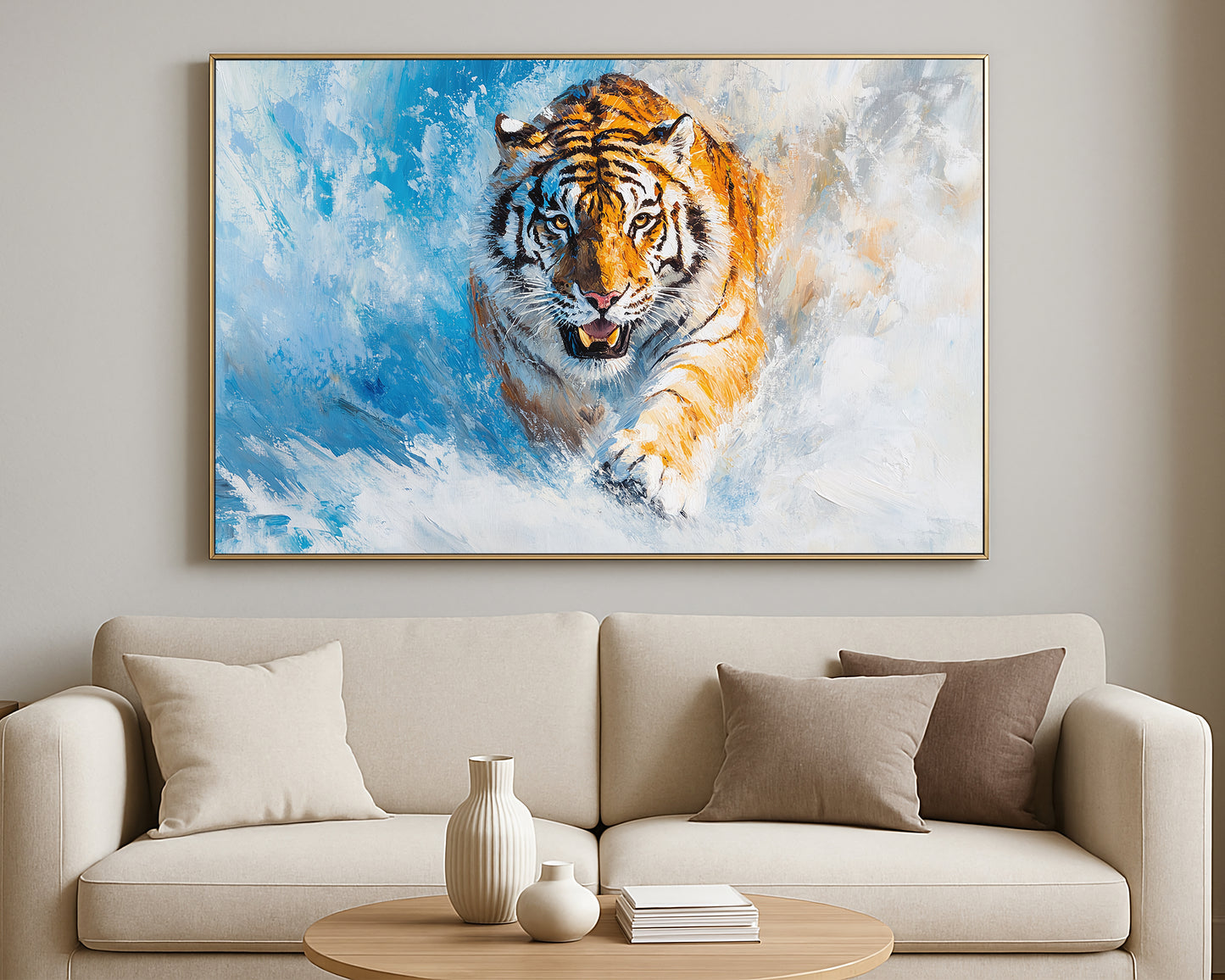 Contemporary animal artwork showing a tiger charging through snow with expressive brushwork
