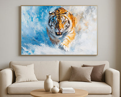 Contemporary animal artwork showing a tiger charging through snow with expressive brushwork