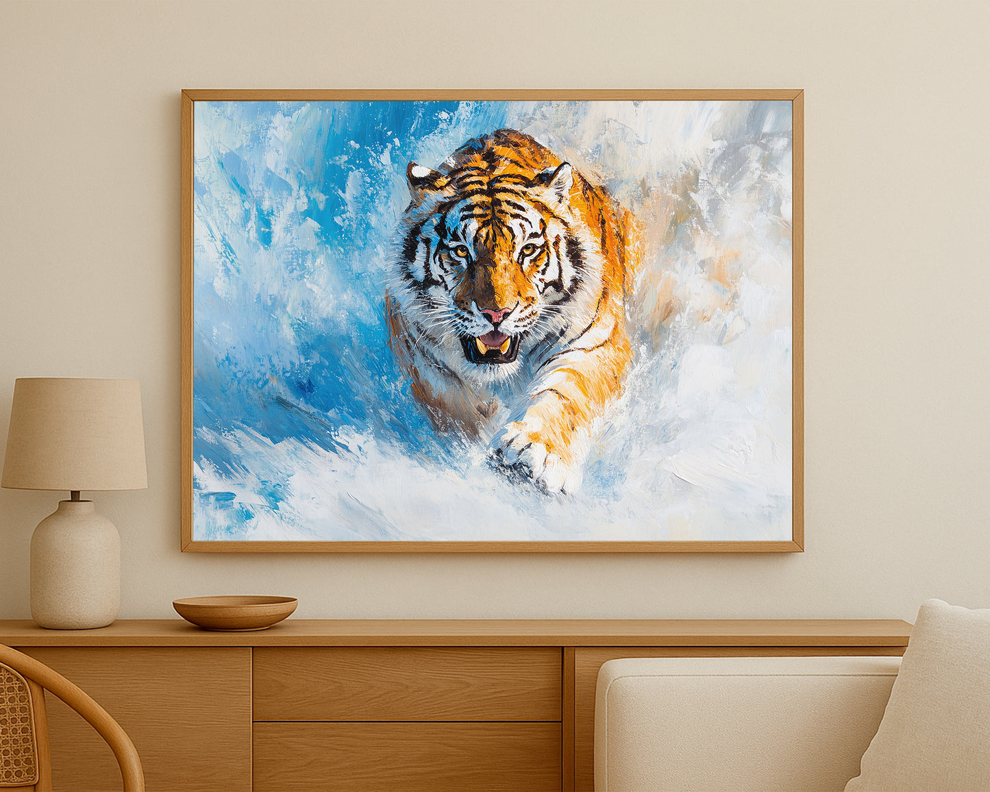 Big cat wall decor with a tiger portrait in a cool-toned winter abstract scene