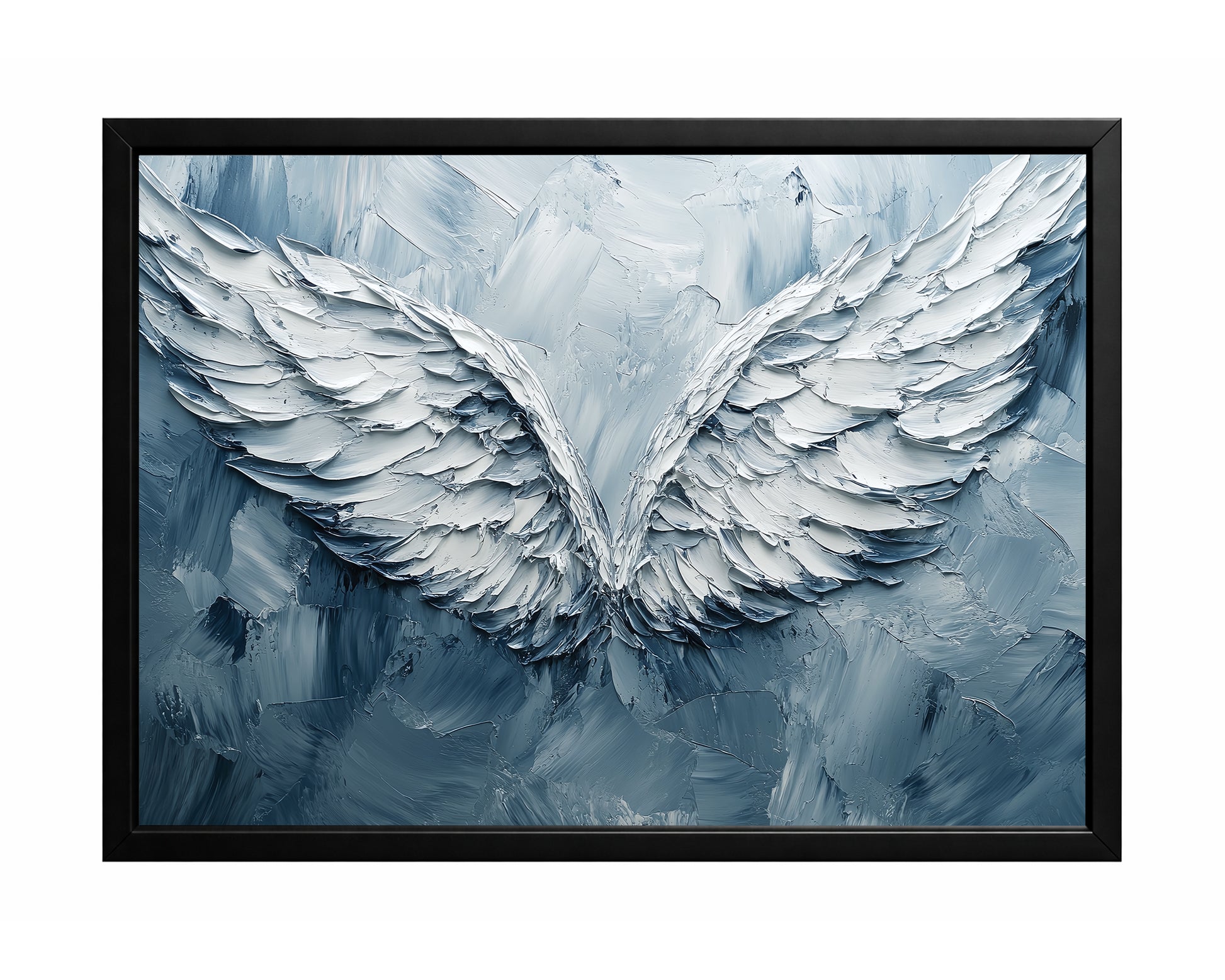 White angel wings wall art with thick layered feathers on a cool blue-gray textured background