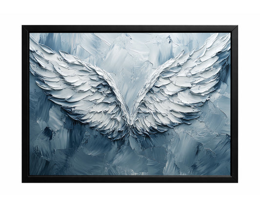 White angel wings wall art with thick layered feathers on a cool blue-gray textured background