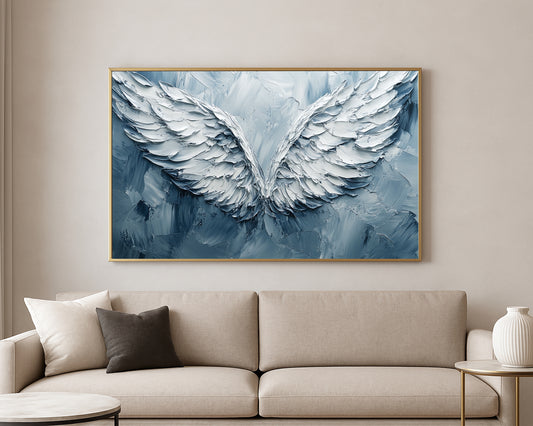 Textured spiritual artwork featuring a symmetrical pair of white wings with sculptural feather detail
