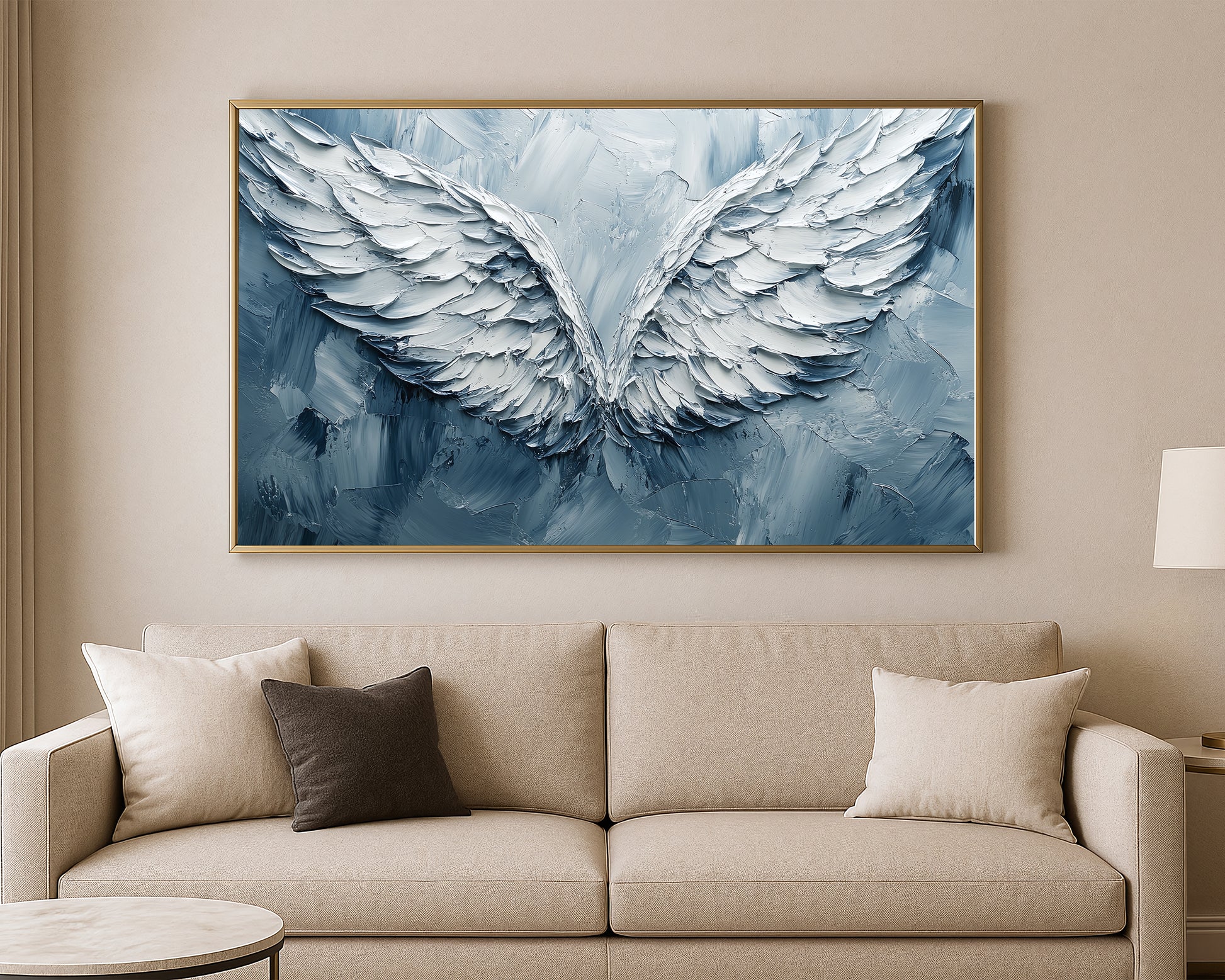 Modern angel wings wall decor in soft white, gray, and blue tones with painterly texture