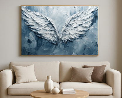 Contemporary abstract wings artwork with bold layered feather forms on a cool-toned backdrop