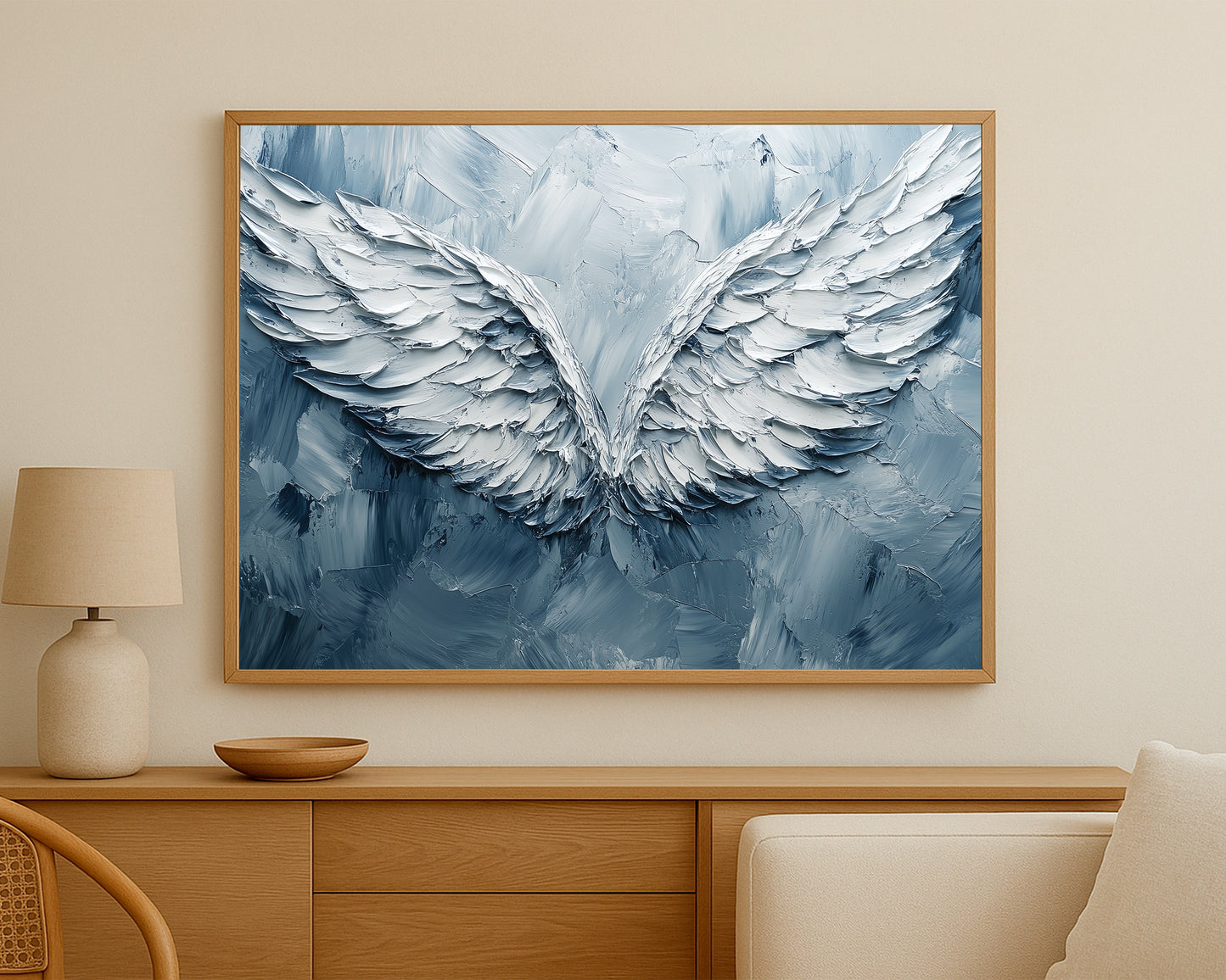 Serene wing wall art featuring two white angel wings in a refined textured composition