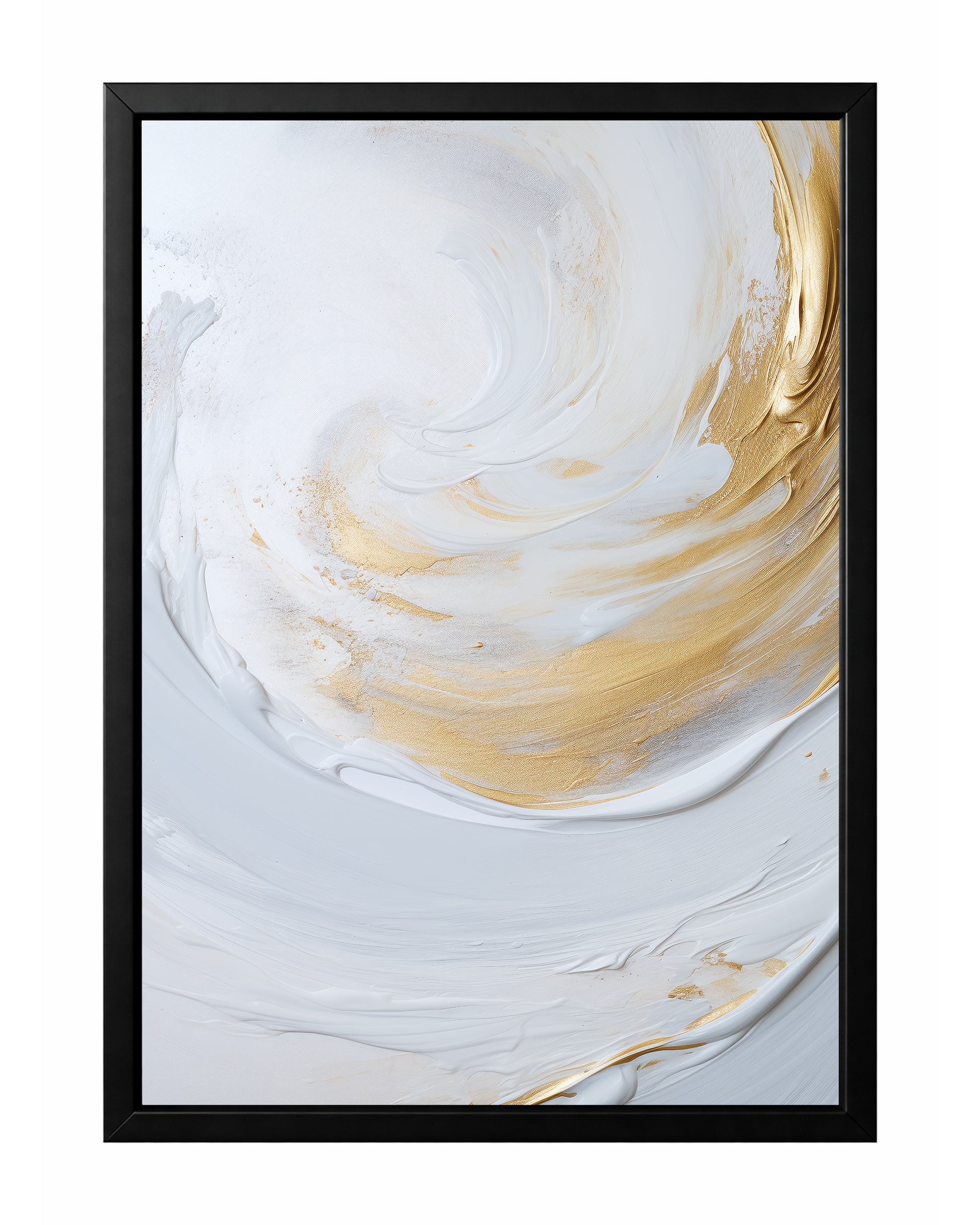 Minimal abstract wall art with soft white brushwork and sweeping gold accents in a calm circular composition.
