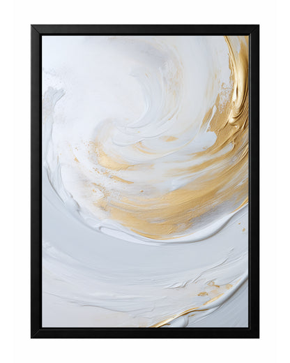 Minimal abstract wall art with soft white brushwork and sweeping gold accents in a calm circular composition.