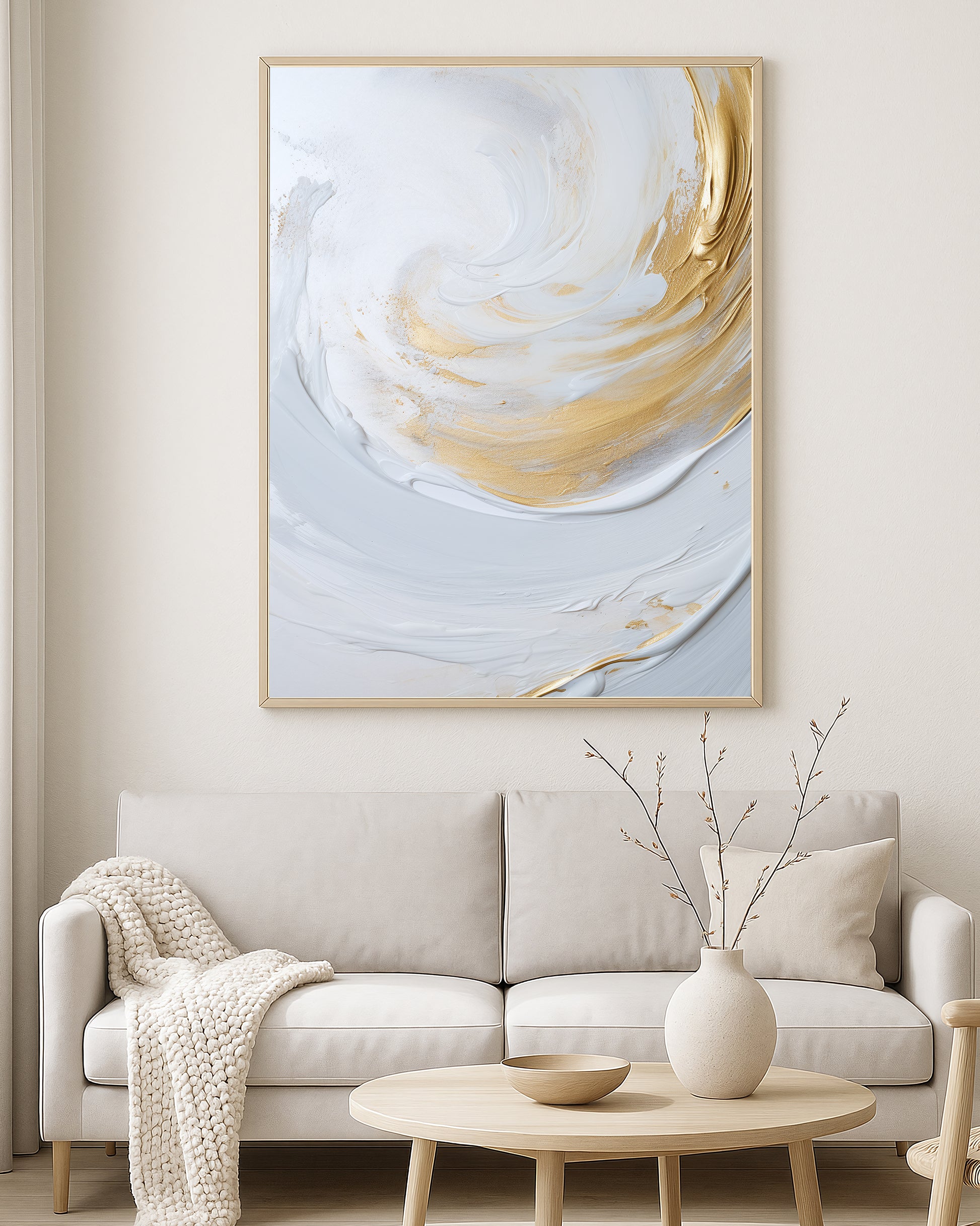 Neutral abstract artwork featuring layered white texture and metallic gold movement on a clean light background.