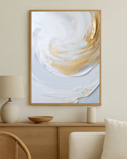 Textured abstract print with flowing white strokes, subtle gold highlights, and an elegant airy composition.