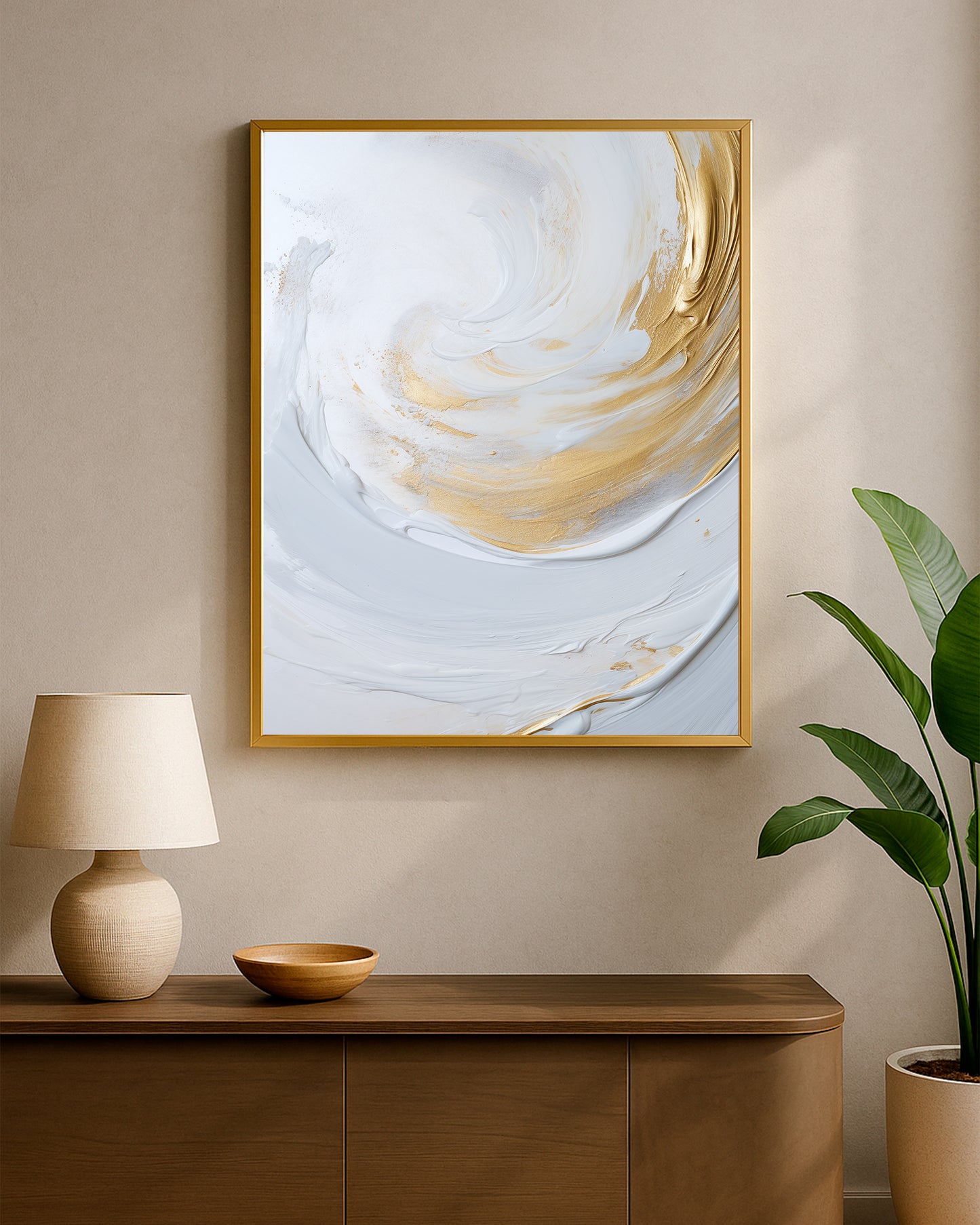 Modern white and gold abstract wall art with smooth layered texture and soft swirling motion on a light neutral backdrop.