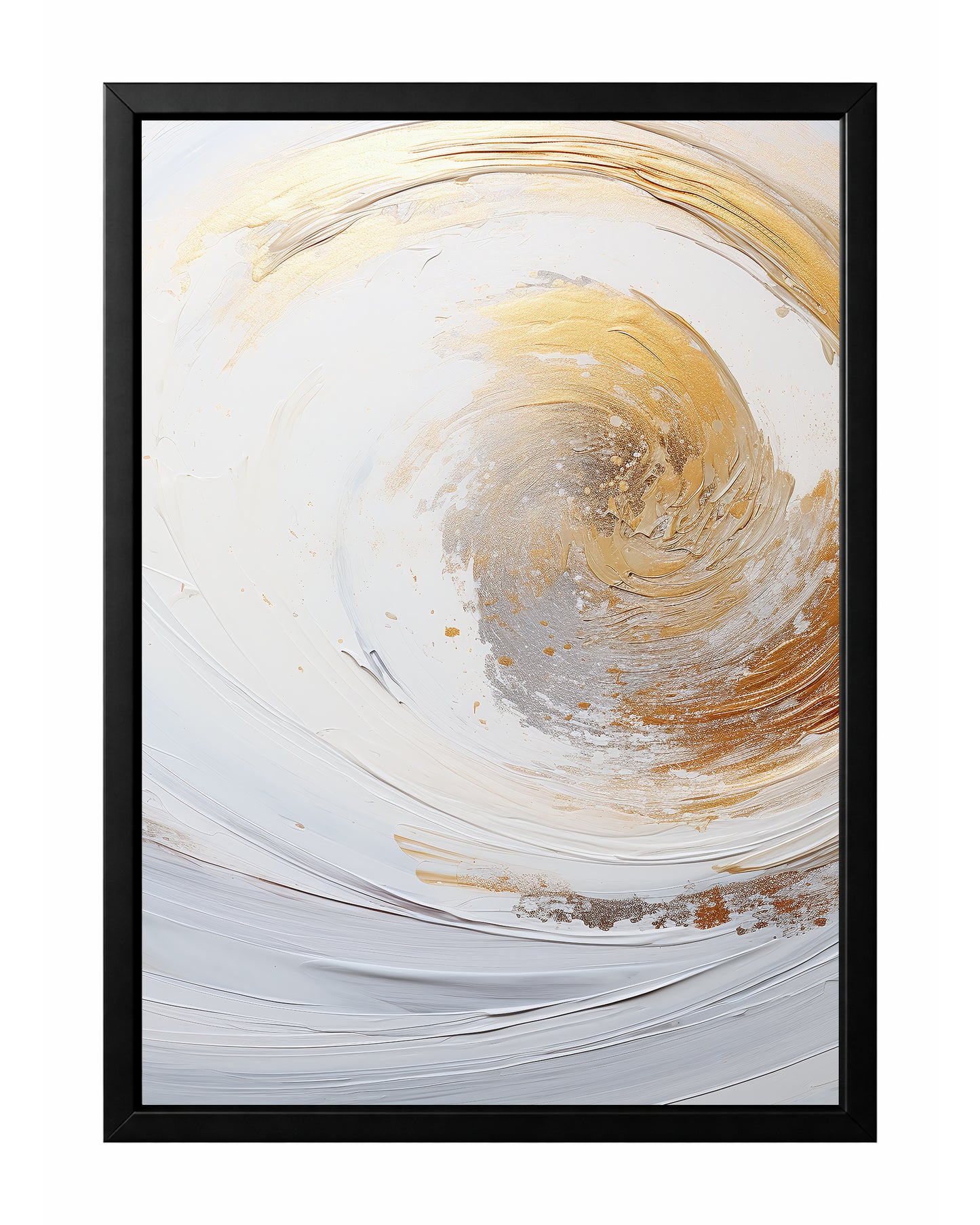 Soft abstract wall art with white, gold, and silver brushwork in a luminous circular composition.