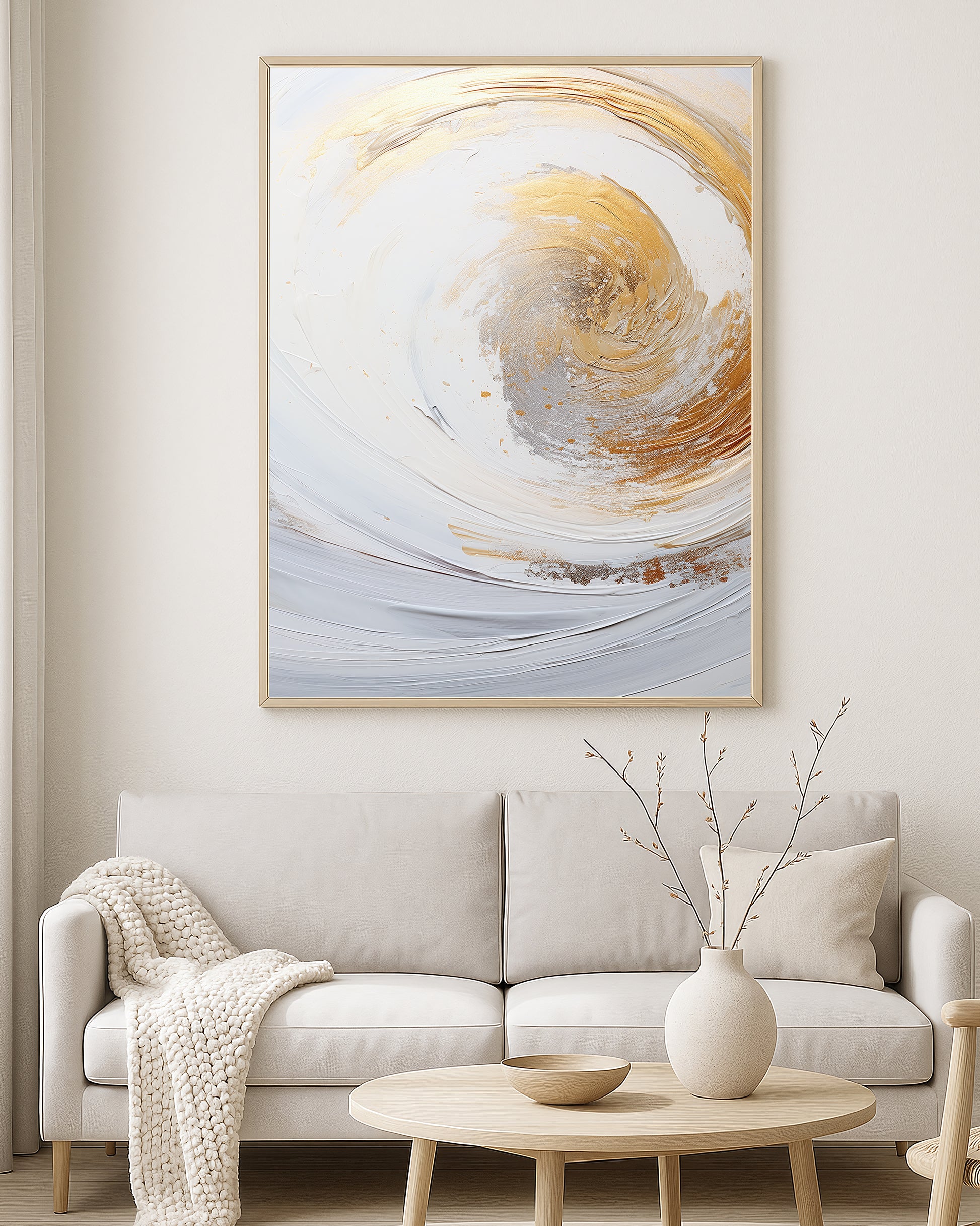 Minimal abstract artwork featuring layered white texture with metallic gold and silver accents in a flowing swirl design.