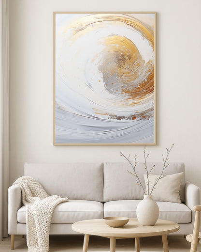 Minimal abstract artwork featuring layered white texture with metallic gold and silver accents in a flowing swirl design.
