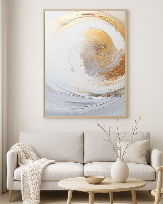 Minimal abstract artwork featuring layered white texture with metallic gold and silver accents in a flowing swirl design.
