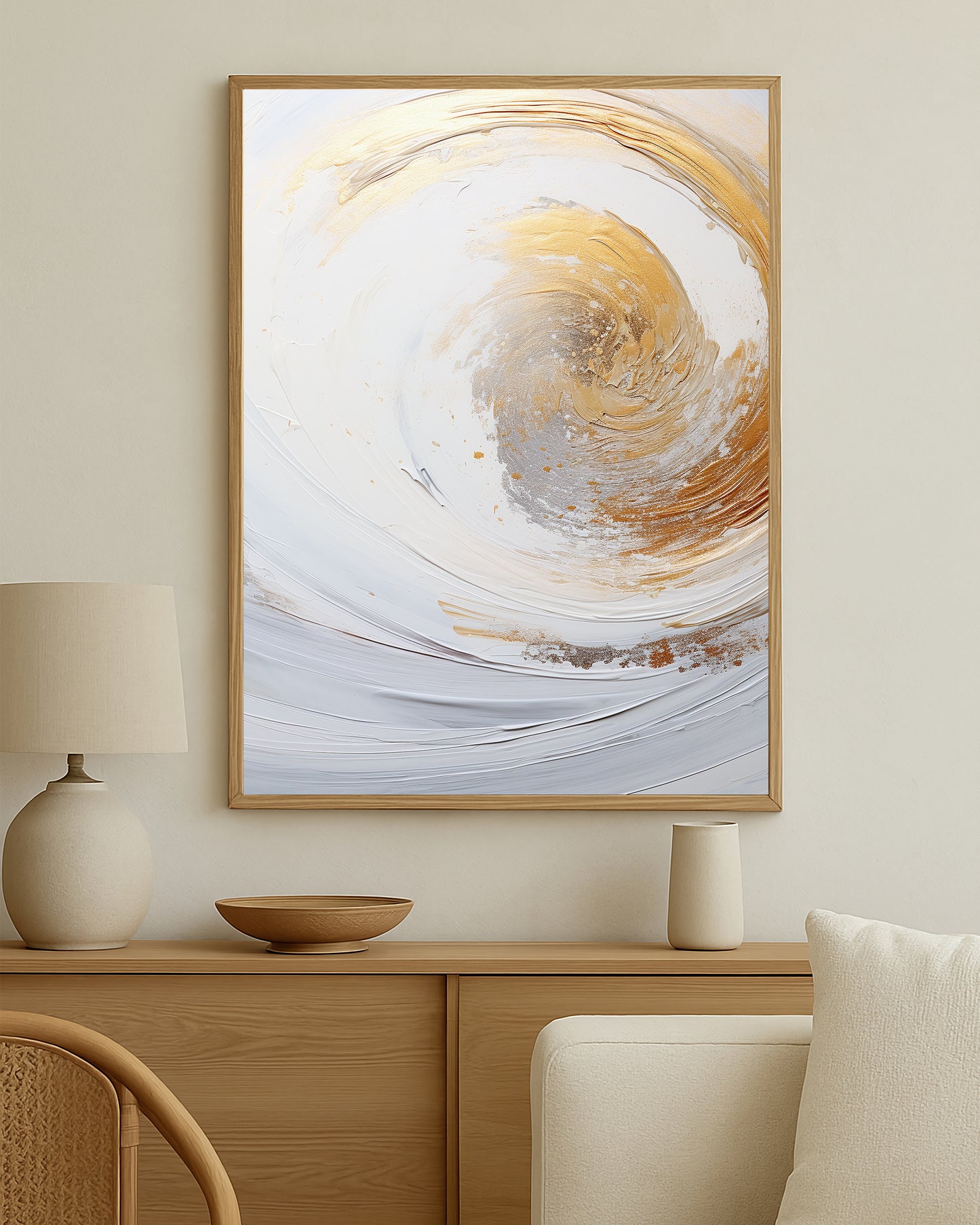 Elegant abstract print with soft white movement, subtle silver tones, and radiant gold highlights on a clean neutral background.