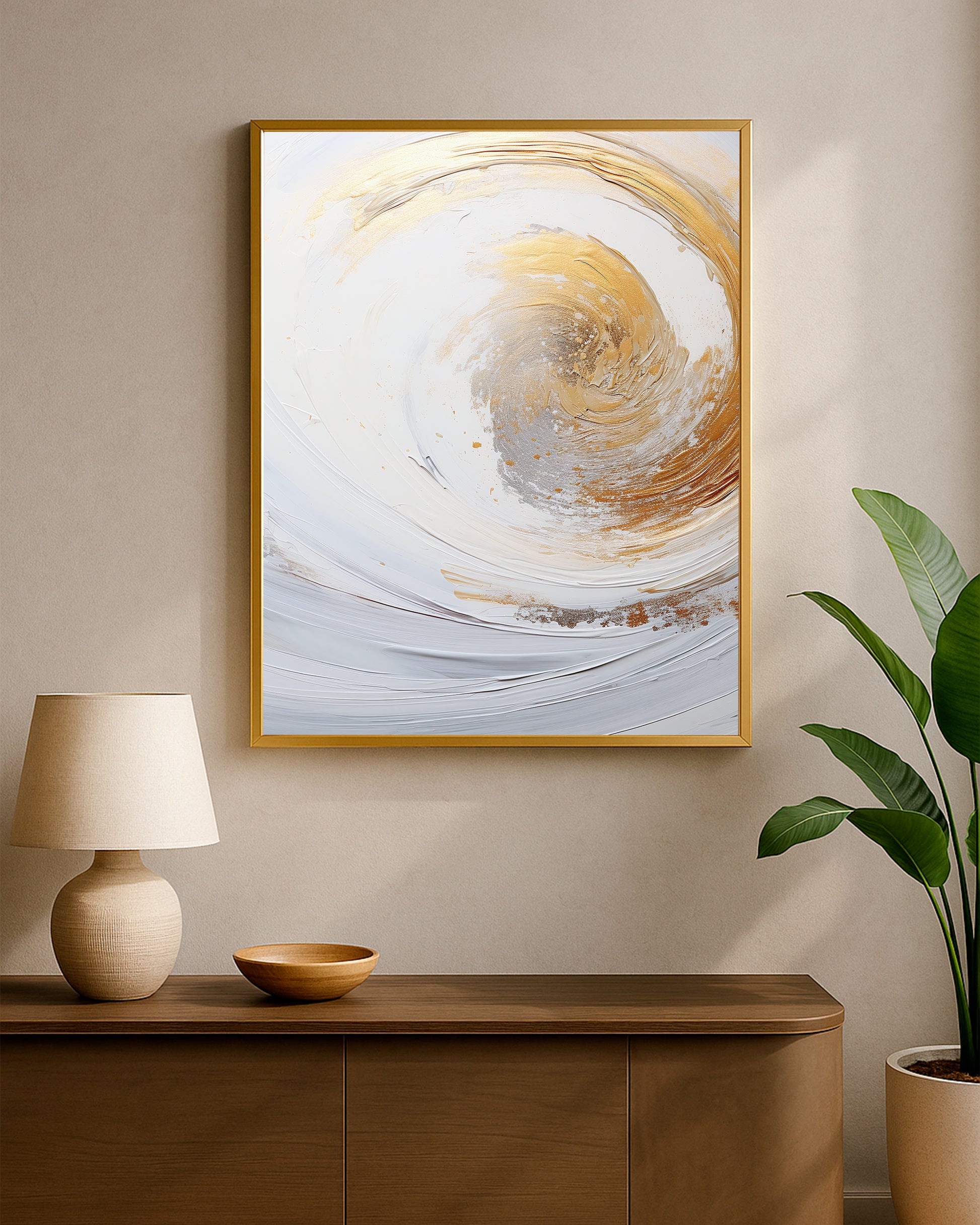 Modern white and metallic abstract wall art showing textured circular brushstrokes in gold, silver, and soft ivory tones.
