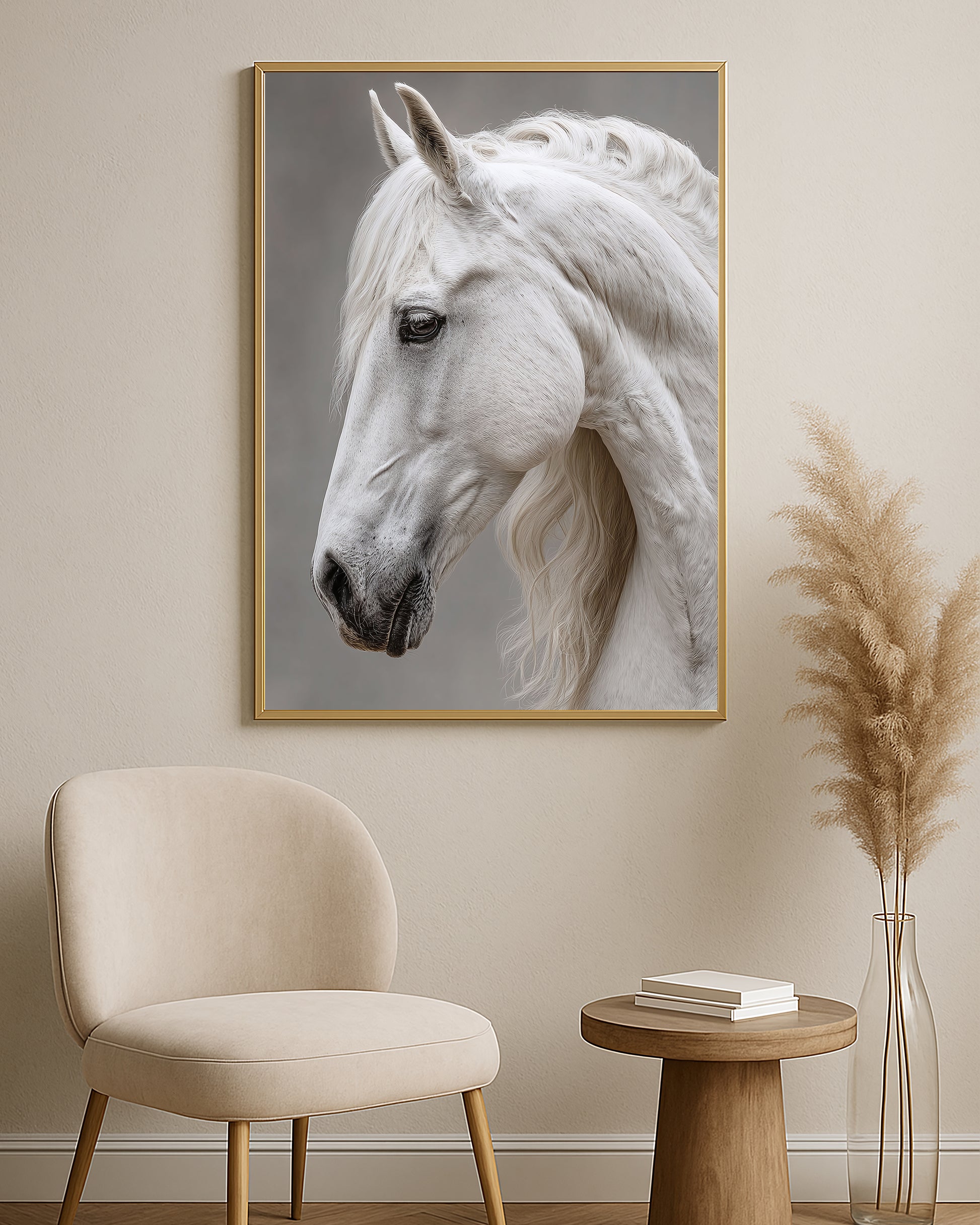 Elegant white horse profile artwork showing a close side view with refined neutral tones.