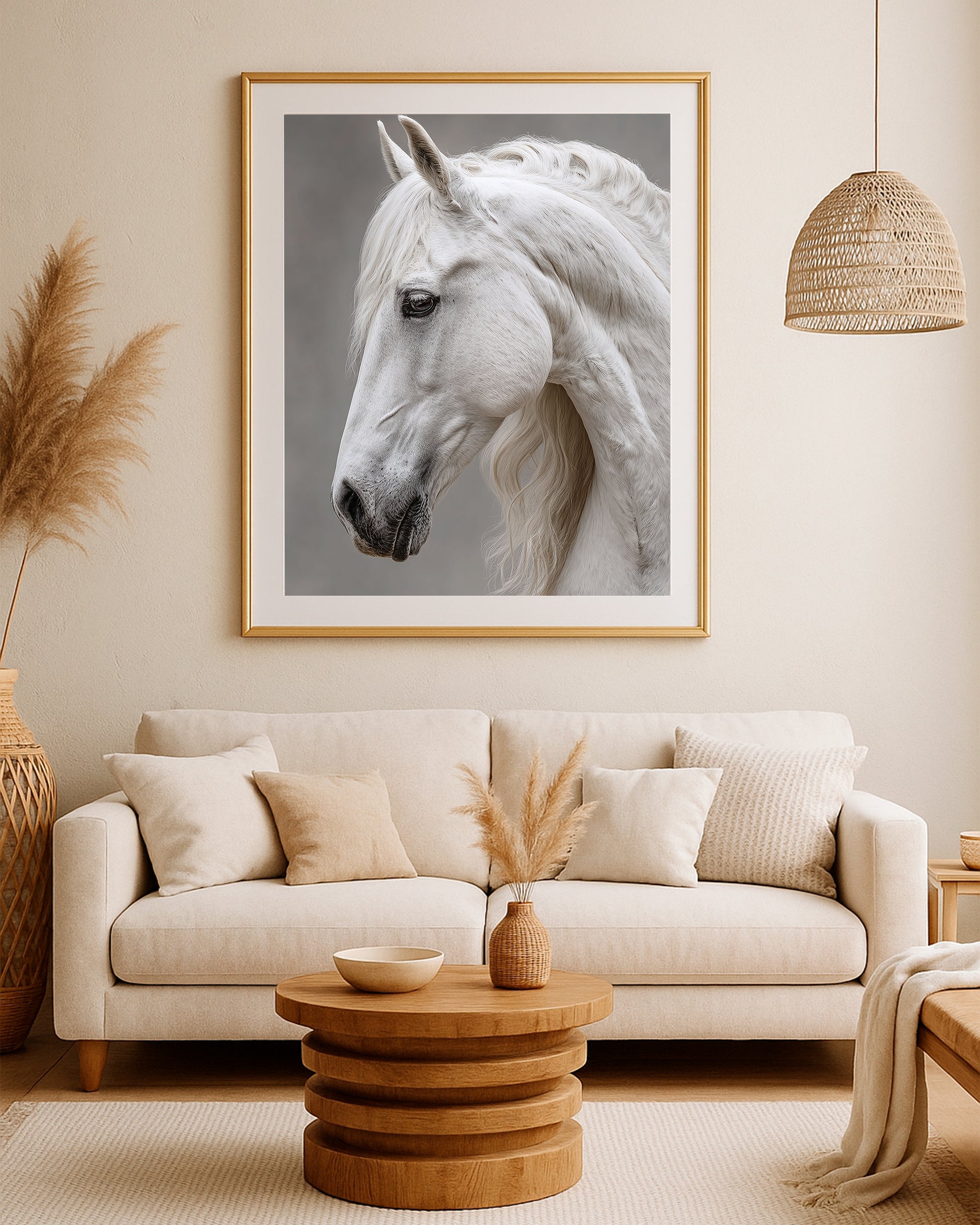 Neutral equestrian wall art featuring a white horse head with soft fur texture and flowing mane.
