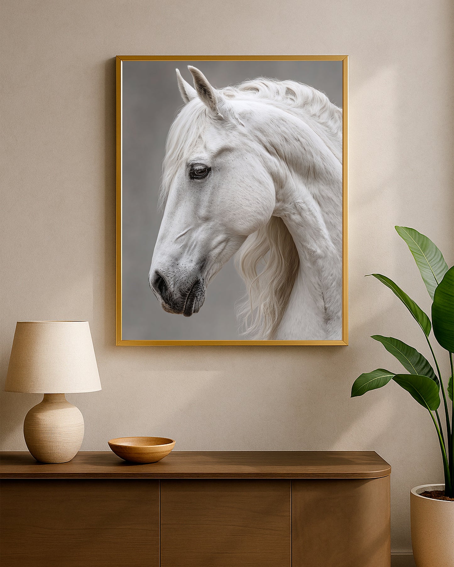 Fine art white horse portrait with gray backdrop, detailed facial features, and serene mood.