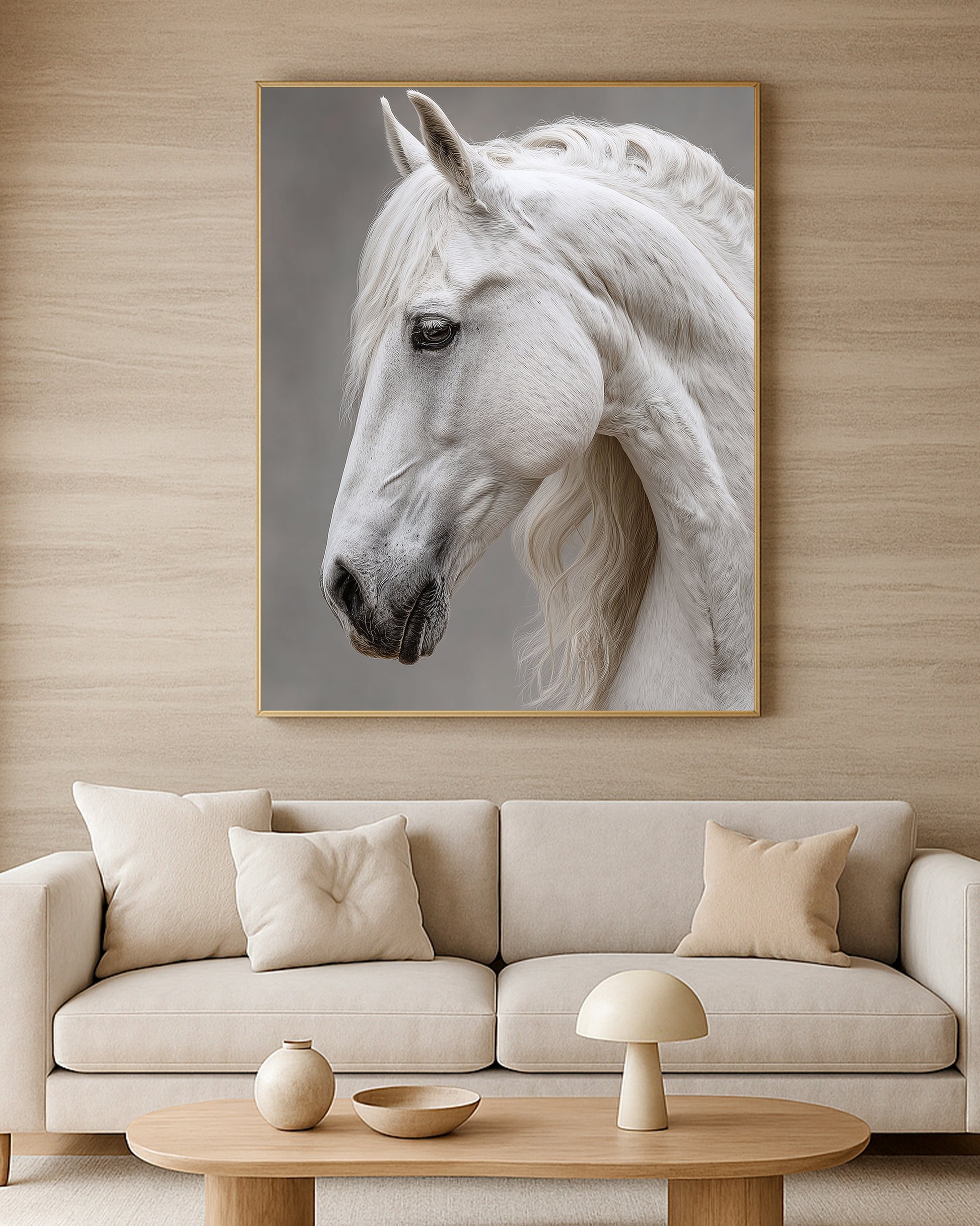 Minimal white horse print showing a graceful animal portrait in white, cream, and gray tones.