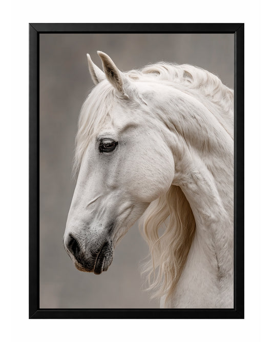 White horse portrait wall art with soft gray background, detailed mane, and calm equestrian expression.