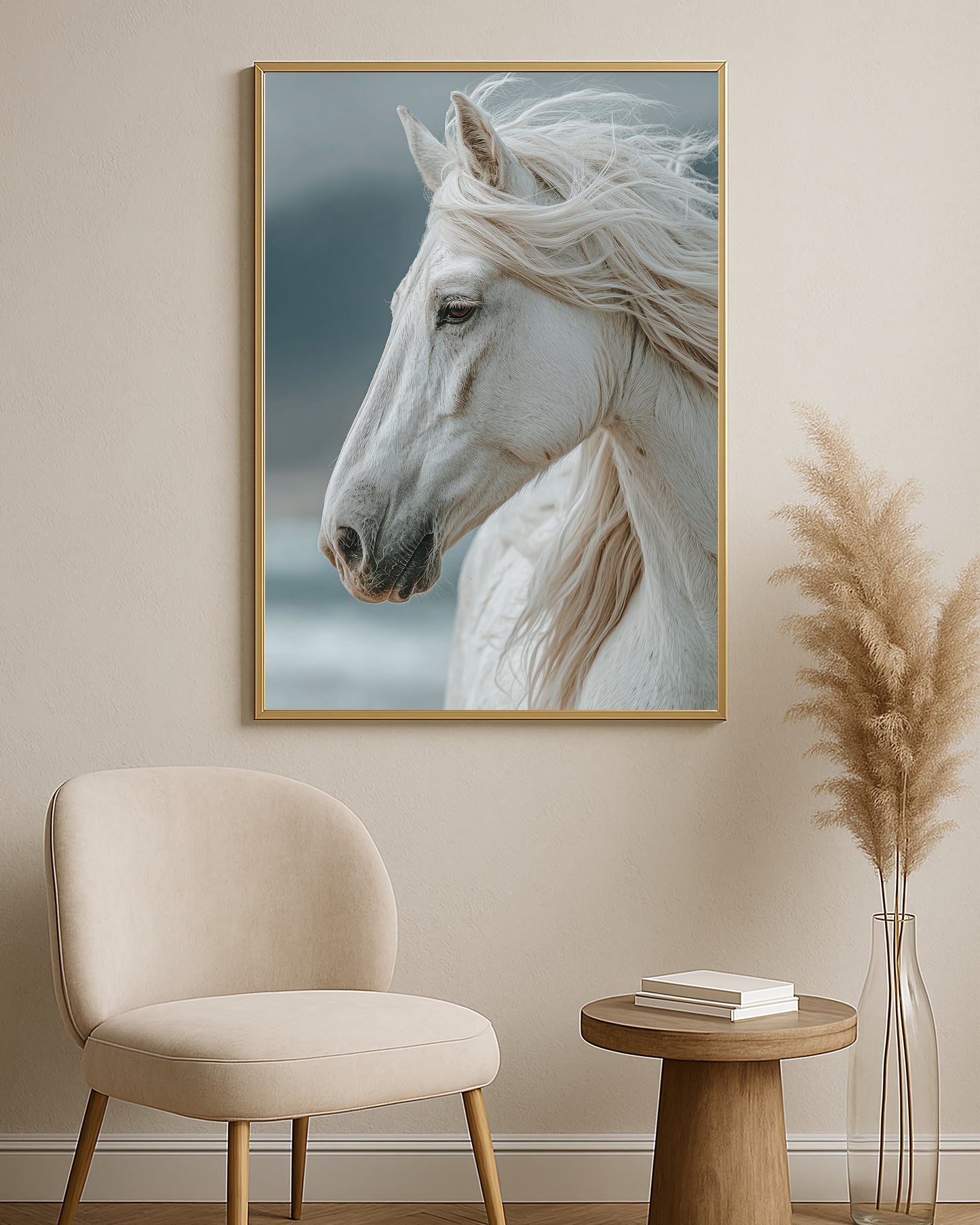 Elegant equestrian print showing a white horse in side profile with flowing hair and neutral tones.
