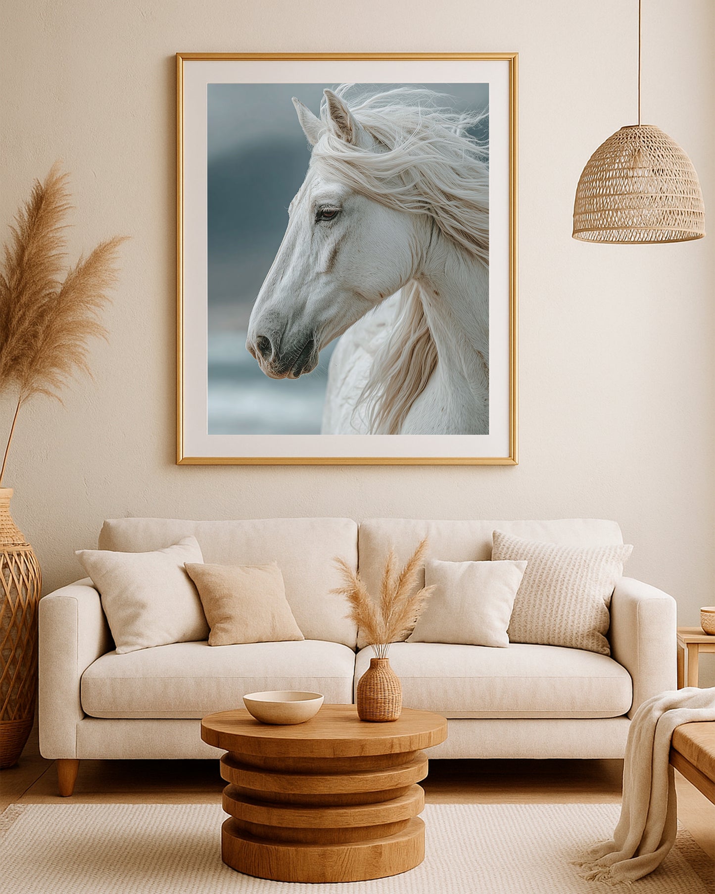 Serene white horse artwork with natural mane movement and a calm gray-blue atmosphere.