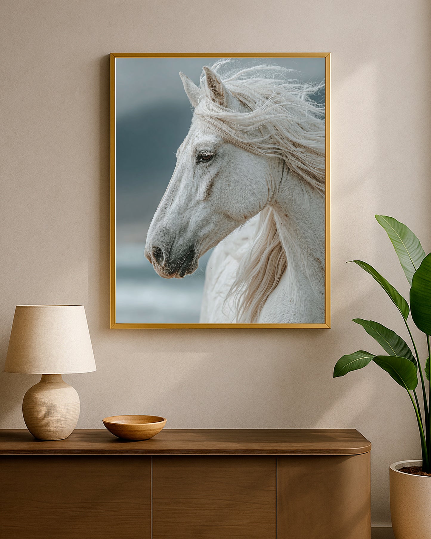 Fine art horse portrait featuring a white coat, long mane, and soft outdoor-style background.