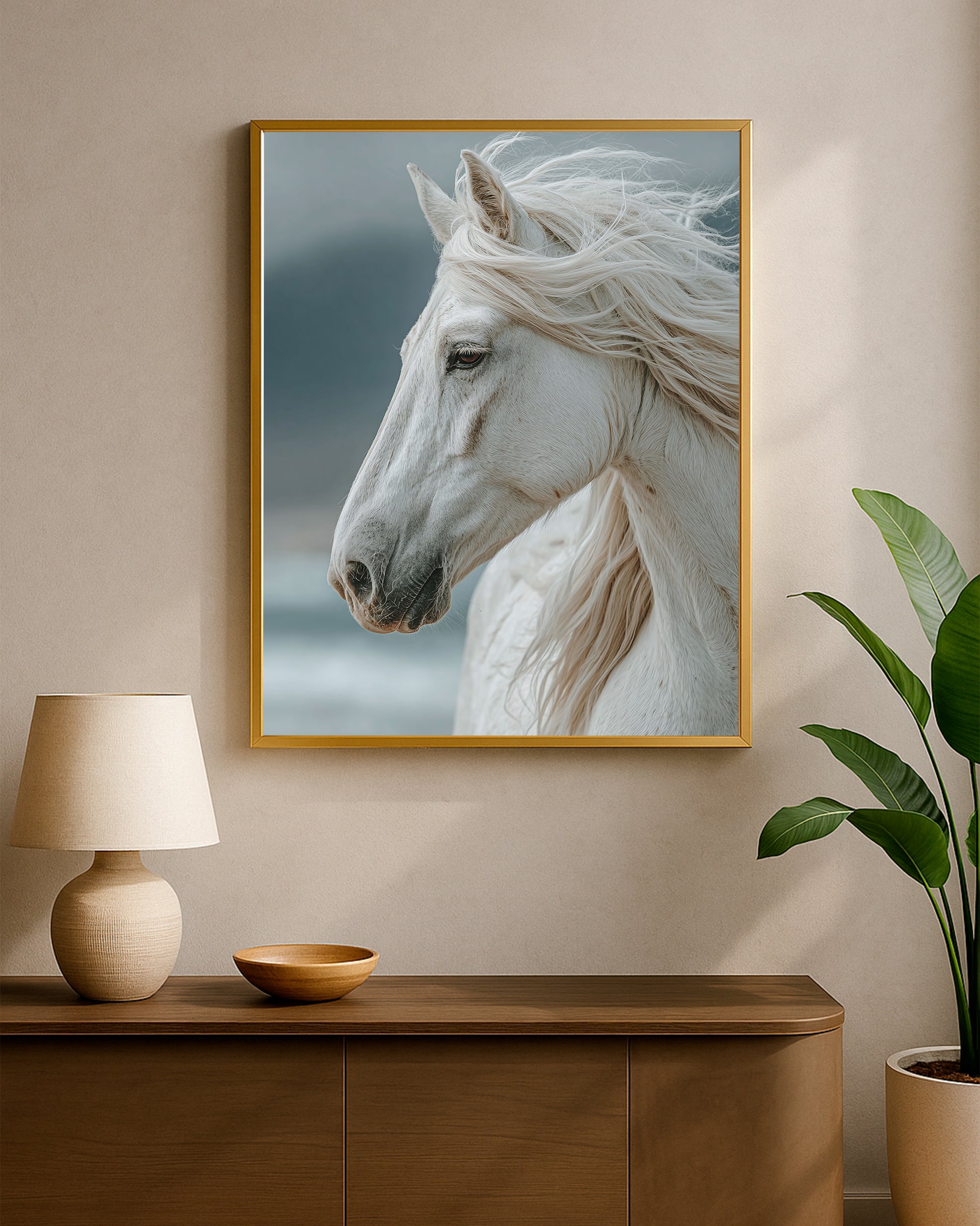 Fine art horse portrait featuring a white coat, long mane, and soft outdoor-style background.