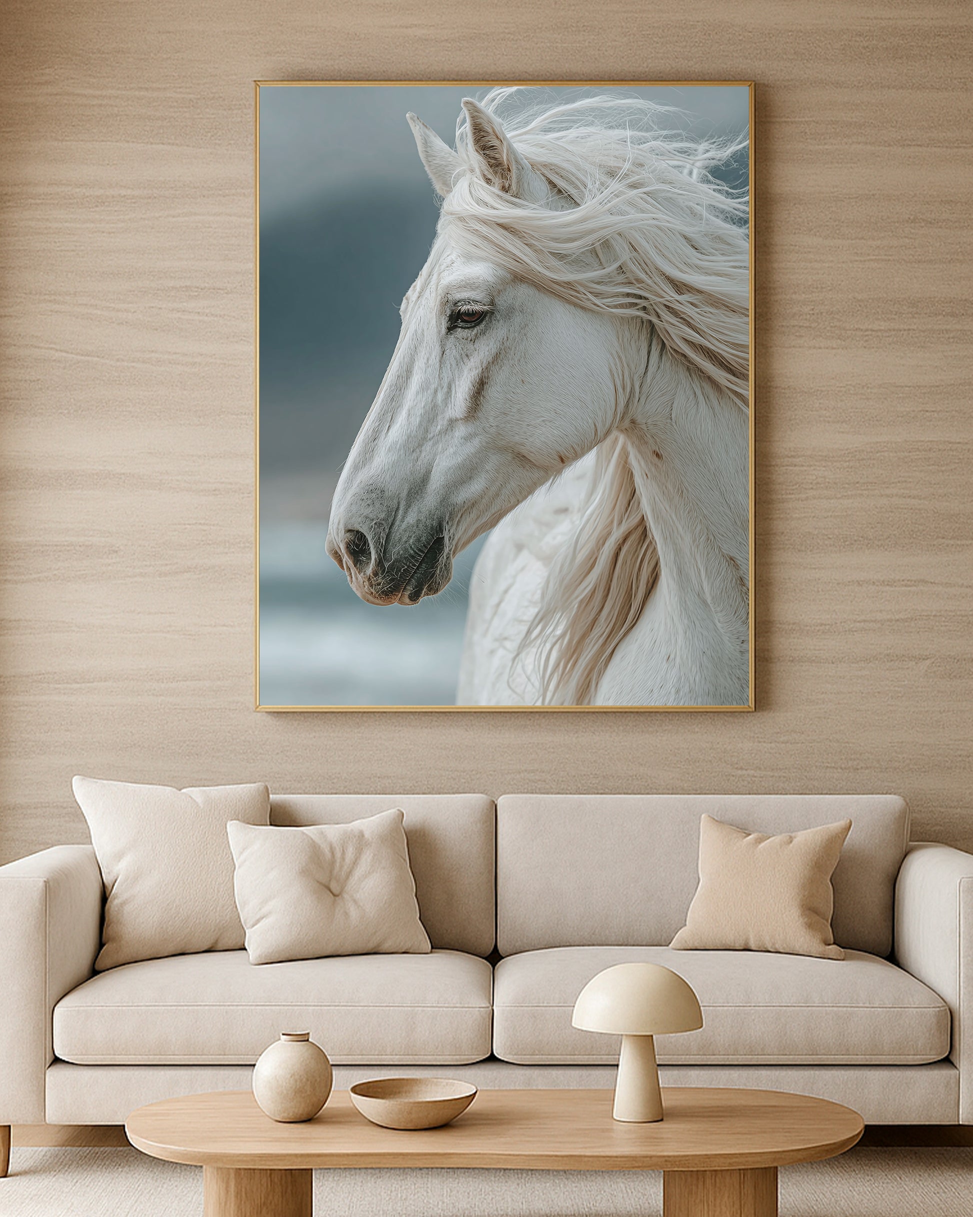 Graceful white horse wall art in pale neutral tones with detailed facial texture and flowing mane.