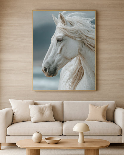 Graceful white horse wall art in pale neutral tones with detailed facial texture and flowing mane.